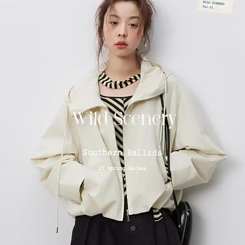 透明米白色 啟程廓形連帽夾克 夾克設計感外套 抽繩連帽衫 - 女大衣/外套 - 聚酯纖維 白色