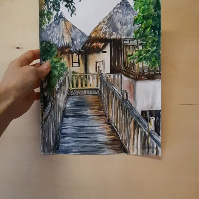 Original watercolor painting Tropical landscape House painting Wall art decor - 海報/掛畫/掛布 - 紙 多色