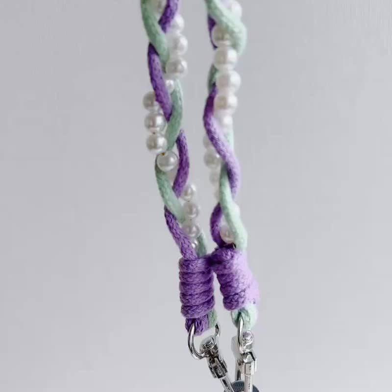 秋日湖光珍珠編織 手機背帶手機掛繩手機殼 - 手機配件 - 棉．麻 紫色