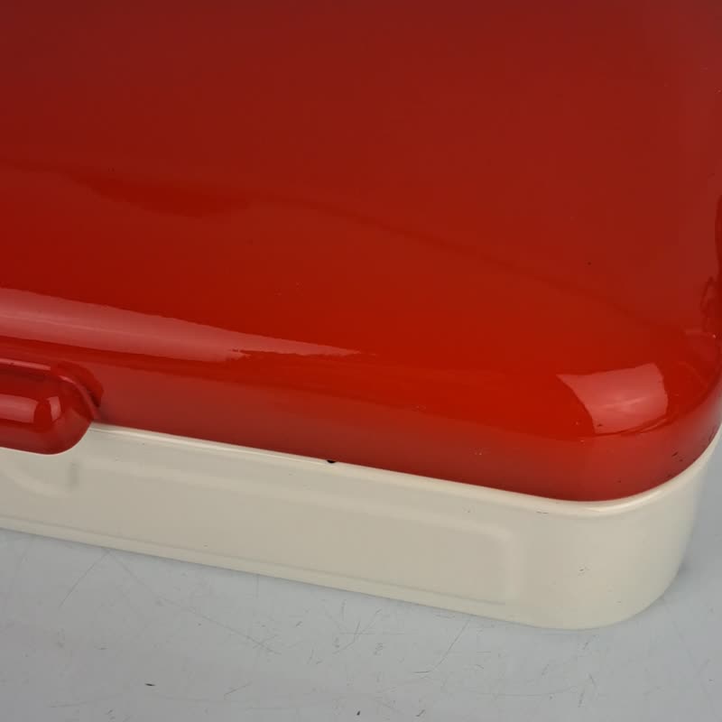 Vintage Antique Bread Box Bin Enamel Enamelware Dutch Large Red Cream White - 居家收納/收納盒/儲物盒 - 琺瑯 紅色