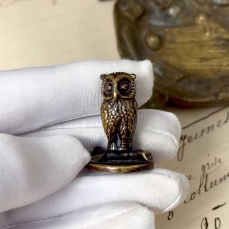 * 50825-罕見法國古董黃銅迷你雙面貓頭鷹封蠟章 - 印章/印台 - 銅/黃銅 