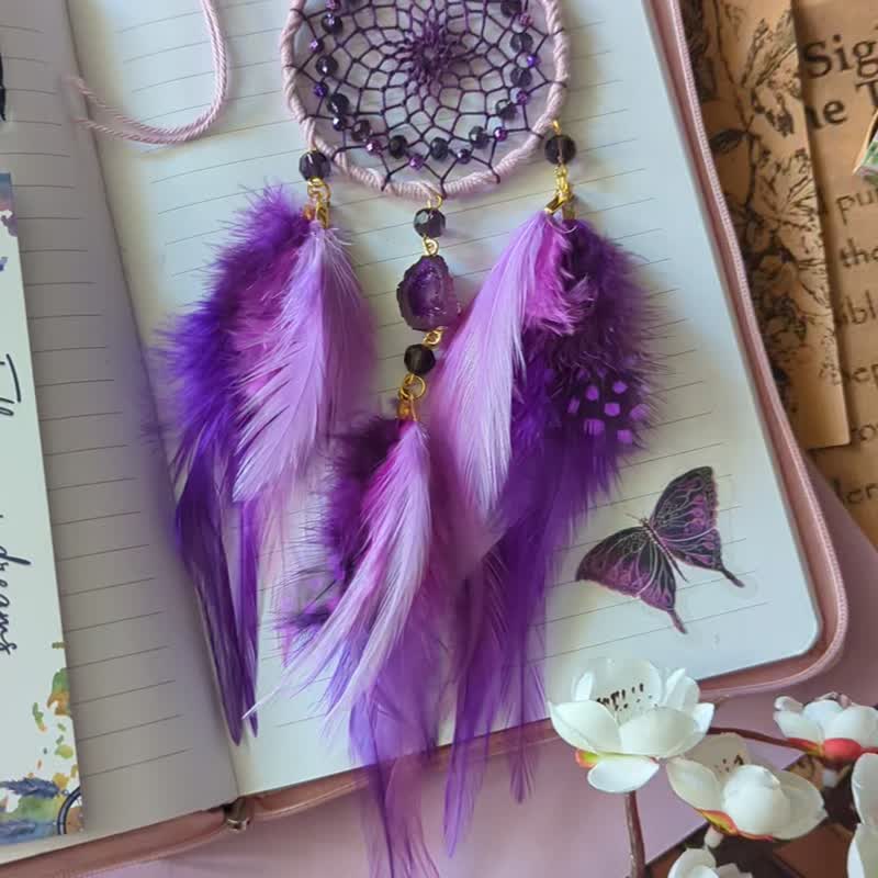 Small amethyst purple dream catcher car size. - 壁貼/牆壁裝飾 - 繡線 紫色