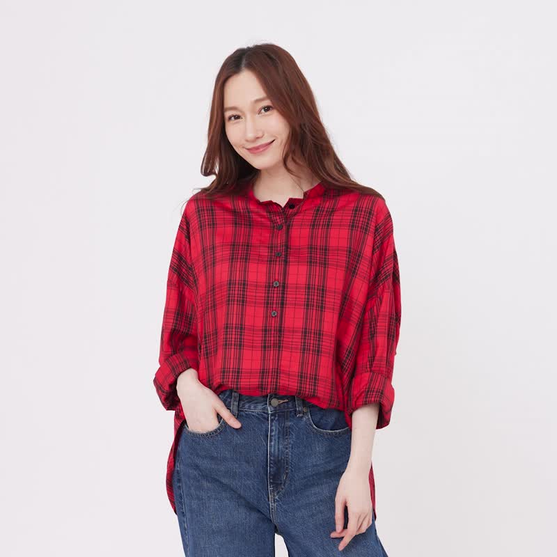 Tracy Popover Plaid Long Sleeves Shirt/Red - シャツ・ブラウス - コットン・麻 レッド