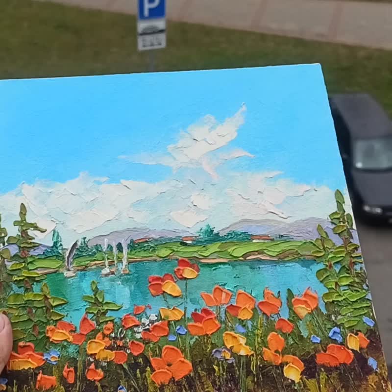 Poppies Landscape Oil Painting on Canvas Board 25x25cm Impasto Artwork - 海報/掛畫/掛布 - 其他材質 多色