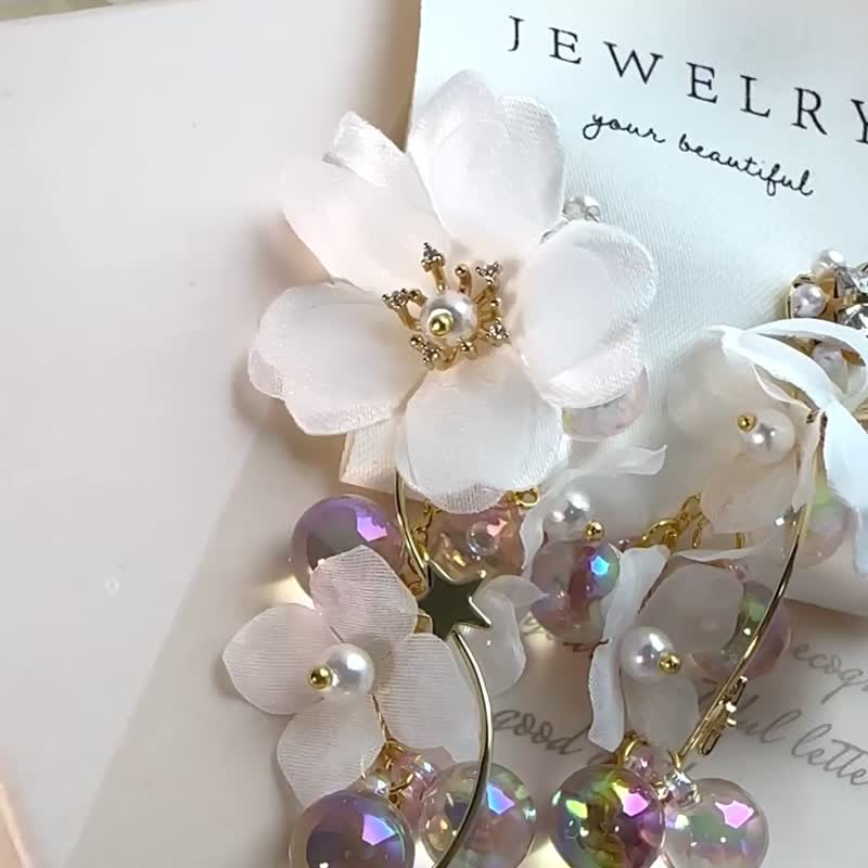 結婚耳環耳夾/垂墜式耳環/星星耳環/ 洋裝 配飾 畢業禮物 - 耳環/耳夾/耳骨夾 - 棉．麻 白色