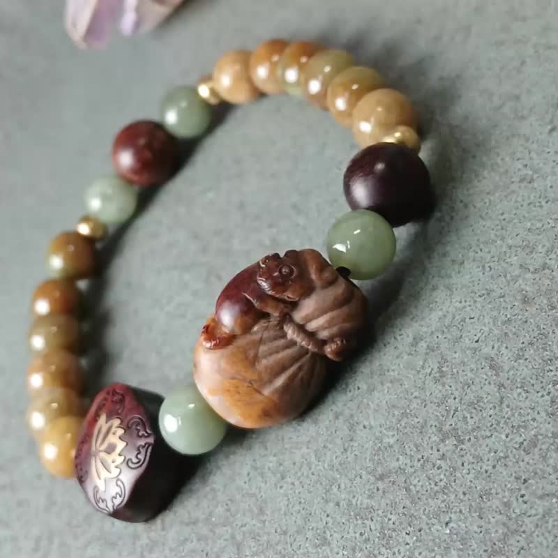 Christmas gift box | Bead carving bracelet-Shu Laibao yellow jasper+honey oil green Burmese jade+red sandalwood/ - สร้อยข้อมือ - หยก สีส้ม