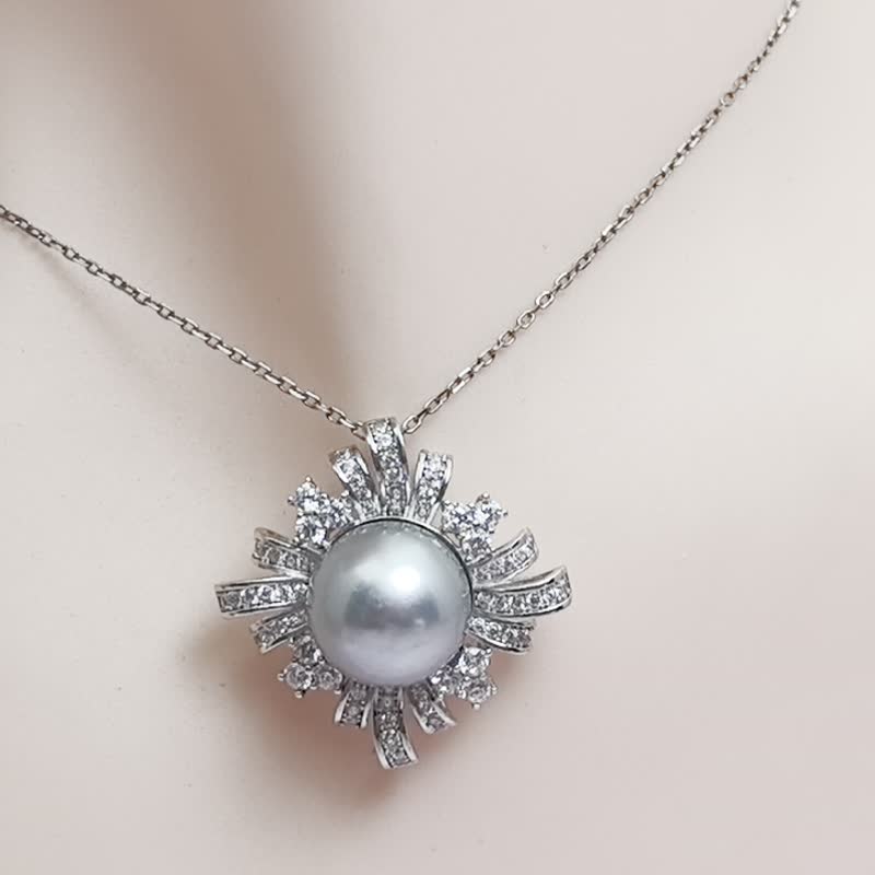 Natural seawater pearl Tahitian platinum gray Silver pendant gift necklace - Necklaces - Pearl Silver