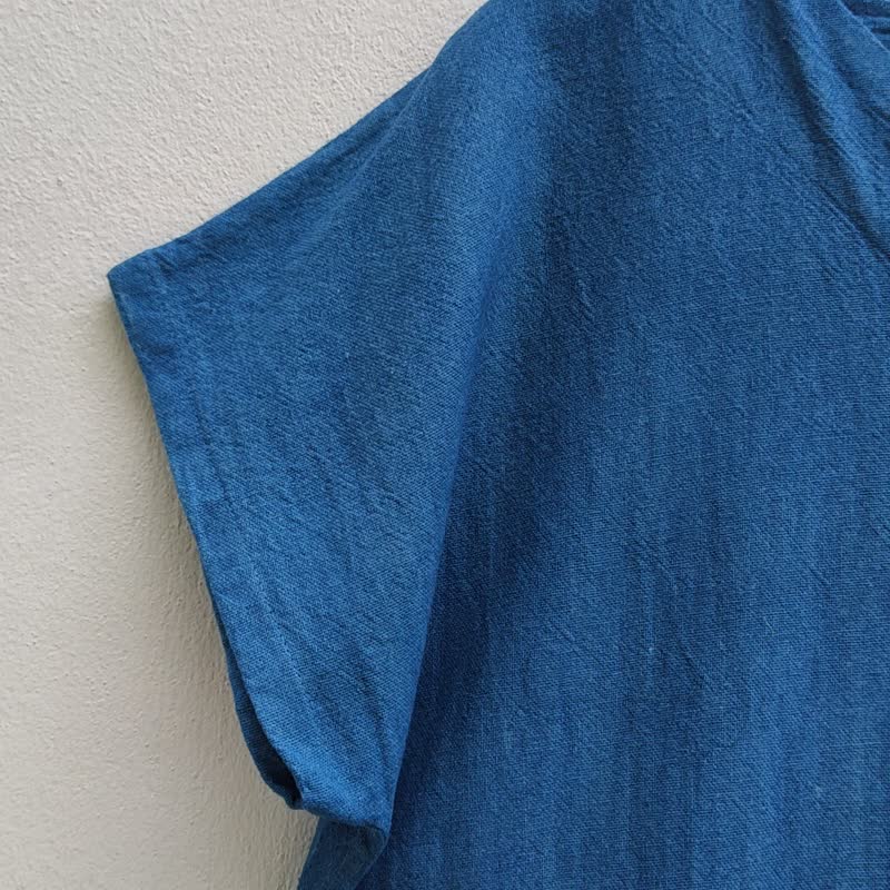 V-Neck Blue Dress - 短袖紮染連身裙 - 洋裝/連身裙 - 棉．麻 藍色