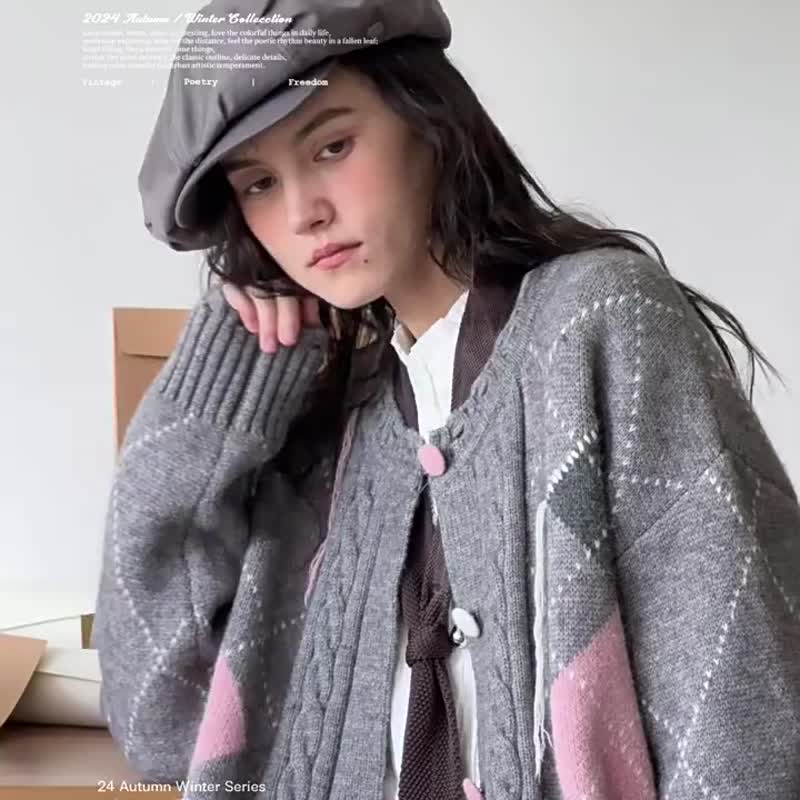 Love letter in pink and gray Stone, British retro sweater, hand-made fringed cardigan jacket - Women's Sweaters - Wool Gray