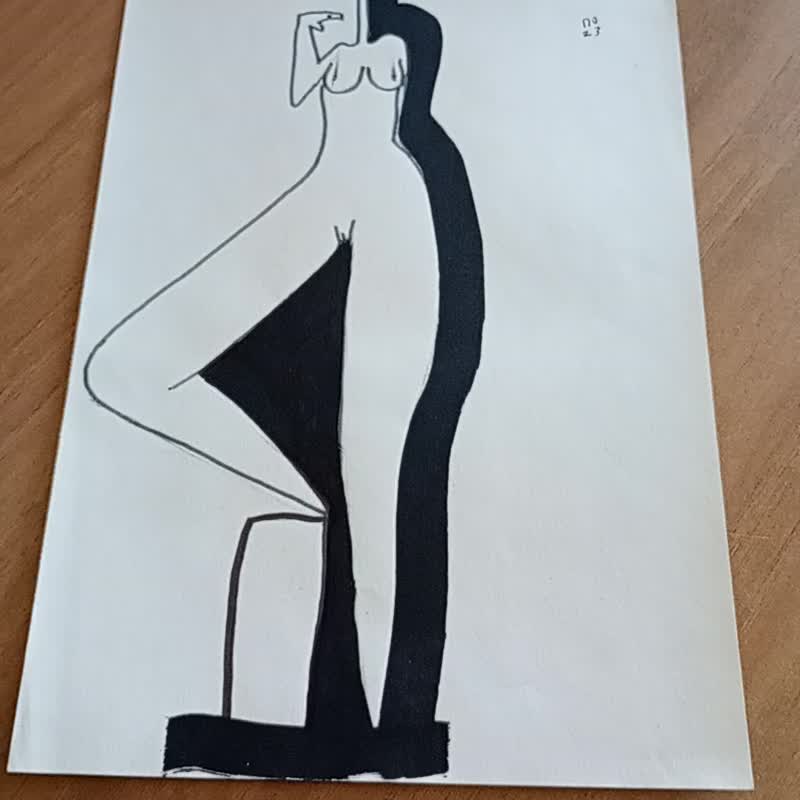 Staying woman nude with chair drawing modern style, black white art drawing - โปสเตอร์ - กระดาษ ขาว