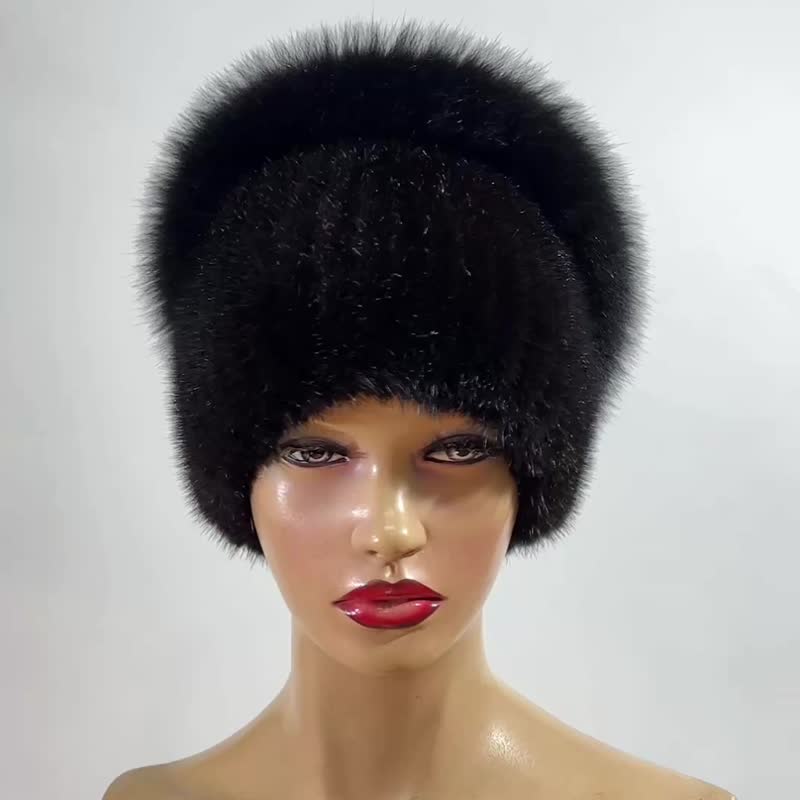 Real Fur Hat Women Knitted Mink Hat With Fur Decoration Of Arctic Fox Fur - Hats & Caps - Wool Multicolor