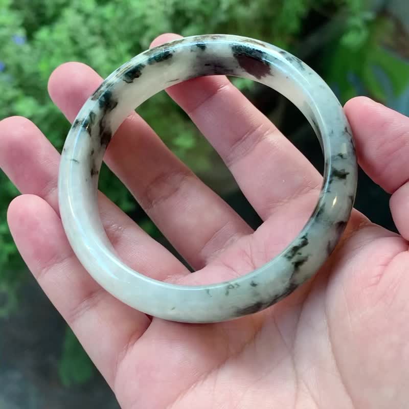 白寫 | 冰糯種 / 墨飄花 / 平安鐲 / 手圍19 | 天然A貨翡翠玉鐲 - 手鍊/手環 - 玉石 白色
