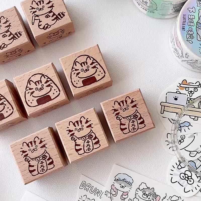3 little cats/meow rice ball notes lucky cat replica/beech wood stamp/wooden stamp/3 types in total - Stamps & Stamp Pads - Paper Orange