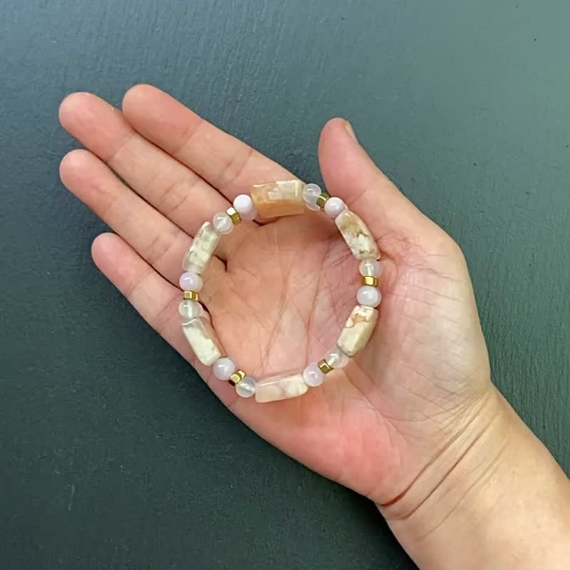 Sakura Agate Natural Pink Jelly Oil Painting Style Kunzite White Chalcedony Bronze Bracelet Customized - Bracelets - Crystal Multicolor