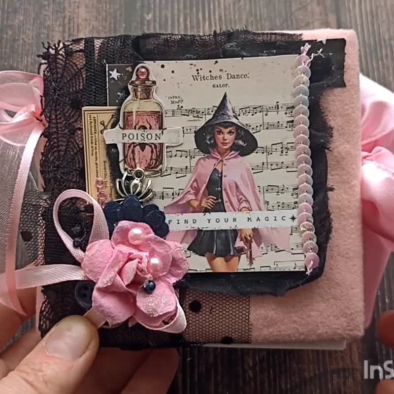 Pink Gothic witch grimoire junk journal handmade Cute witchcraft notebook - 筆記本/手帳 - 紙 粉紅色