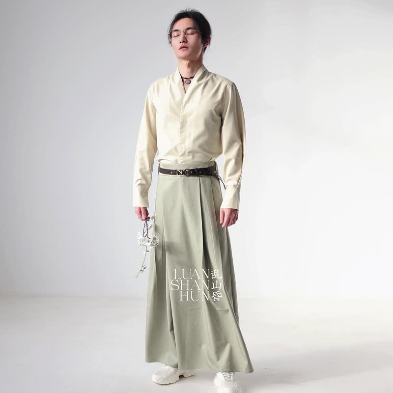 Luanshanhun new Chinese style light national style original design shiny green pleated casual daily pants skirt summer all-match - กางเกงขายาว - เส้นใยสังเคราะห์ 