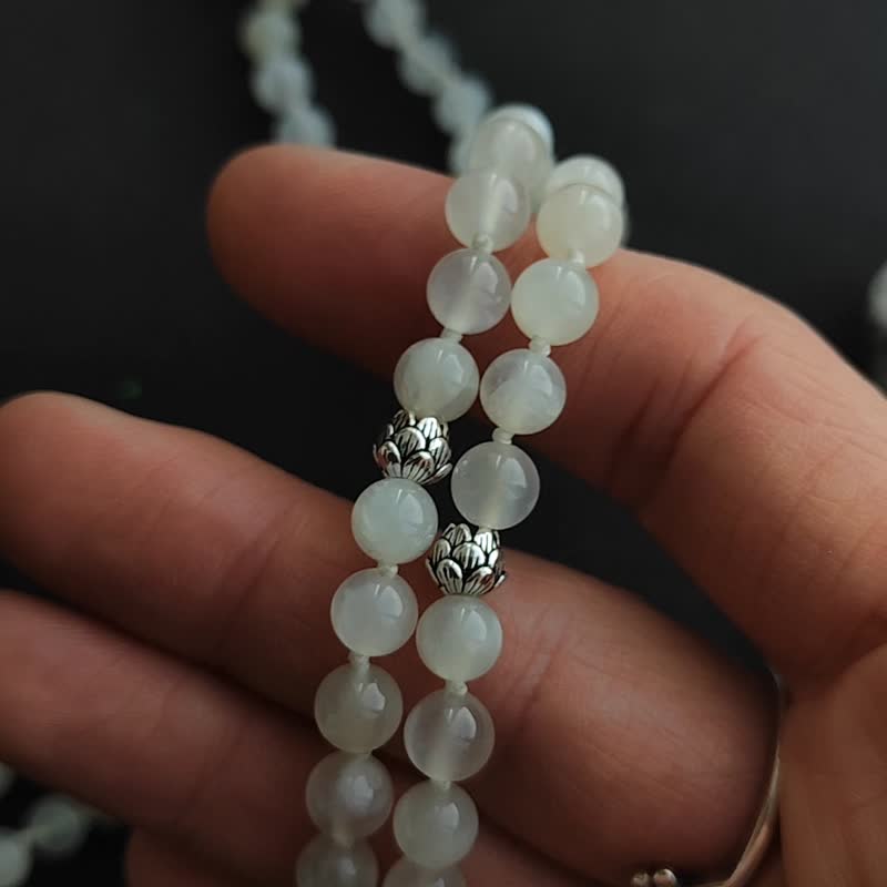 Mala White Lotus - Milky Moonstone and Silver, Tassel Meditation Necklace - 項鍊 - 半寶石 白色