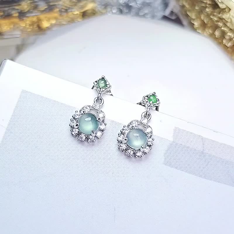 Caishui|Langang|A-grade jade ice glass blue steel cabochon sterling silver plated 18k classic Princess Di style earrings - ต่างหู - หยก 