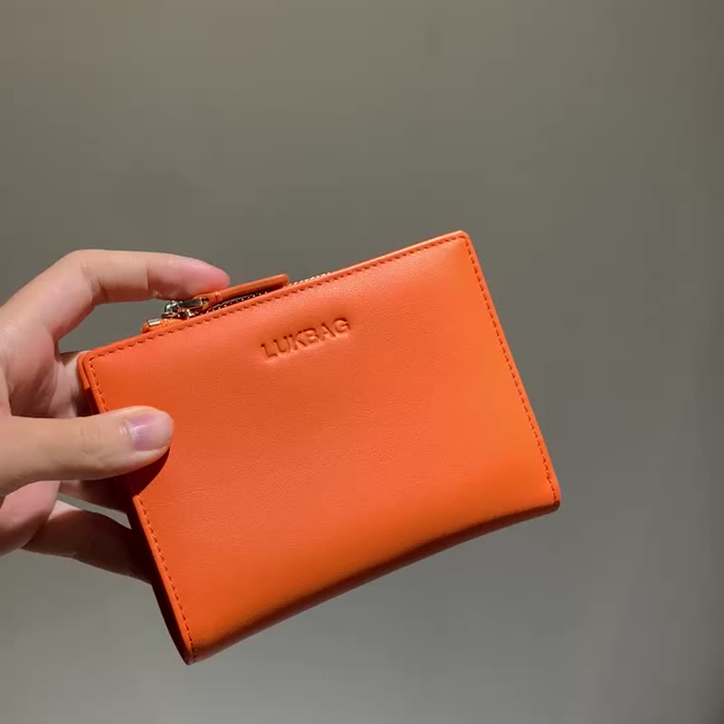 Lukbag Studio|Genuine Leather Detachable Coin Bag Short Clip|Bright Orange [Father's Day Gift] - Wallets - Genuine Leather Orange