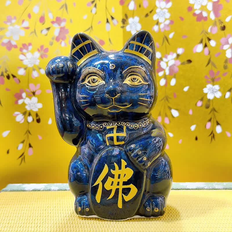 【靈喵守心】日本清水燒招財貓 | 青墨 - 佛貓 右 - 擺飾/家飾品 - 瓷 藍色