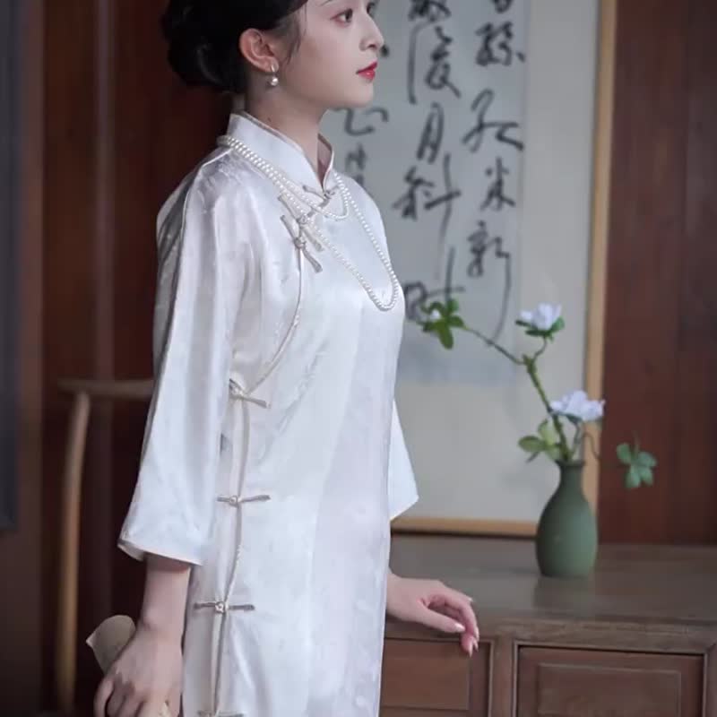 Xingheyue白酢酸修正チャイナドレス七分袖レトロドレスガールハイエンド気質ドレス - チャイナドレス - ポリエステル ホワイト