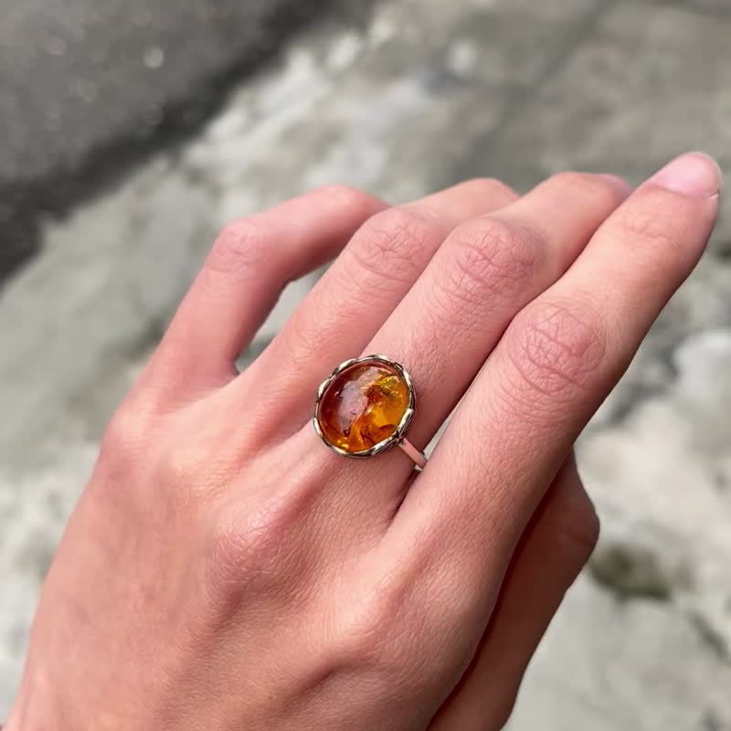喜迎瑤 925銀 花珀 琥珀 天然石 活口 戒指 民族風 復古風 男女 - 戒指 - 水晶 銀色
