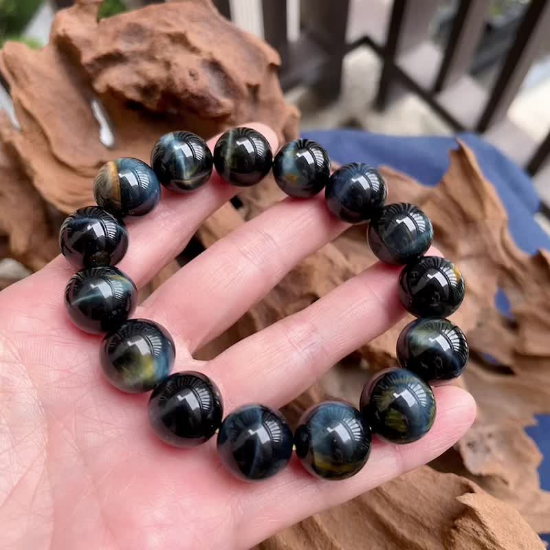 【永恆的勇氣】藍金雙色天然虎眼石手串14mm - 手鍊/手環 - 半寶石 金色