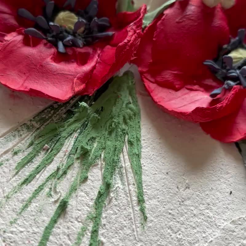 立體花藝 紅色罌粟花與白藍野花 手工雕塑畫 圓形木框藝術品 - 壁貼/牆壁裝飾 - 木頭 白色