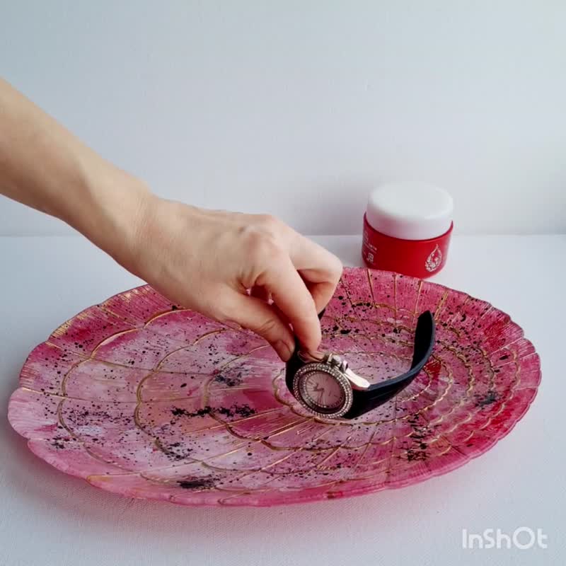 Hand Paint Pink Glass Plate for Exquisite Jewelry, Large Shell Pink Glass Plate - 居家收納/收納盒/儲物盒 - 玻璃 多色
