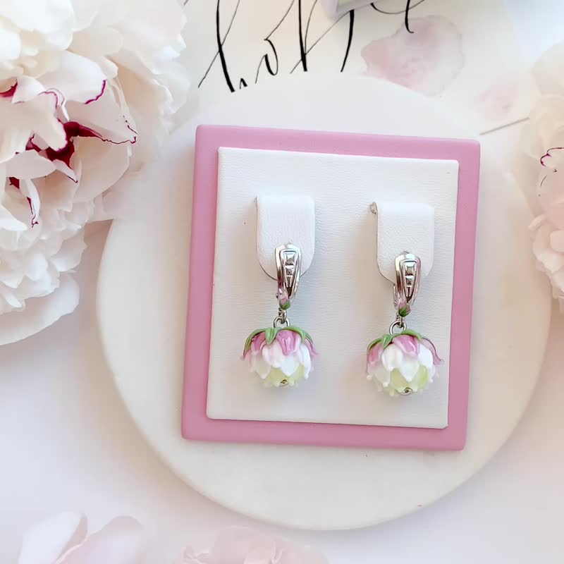 Women's Silver Earrings With Murano Glass Flowers / Rhodium Sterling Silver 925 - 耳環/耳夾/耳骨夾 - 純銀 白色