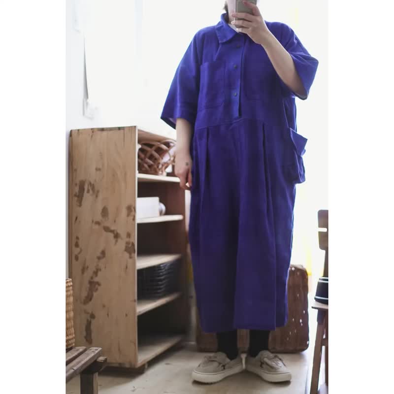 藍紫暈染寬版開襟襯衫洋裝 - 洋裝/連身裙 - 棉．麻 藍色