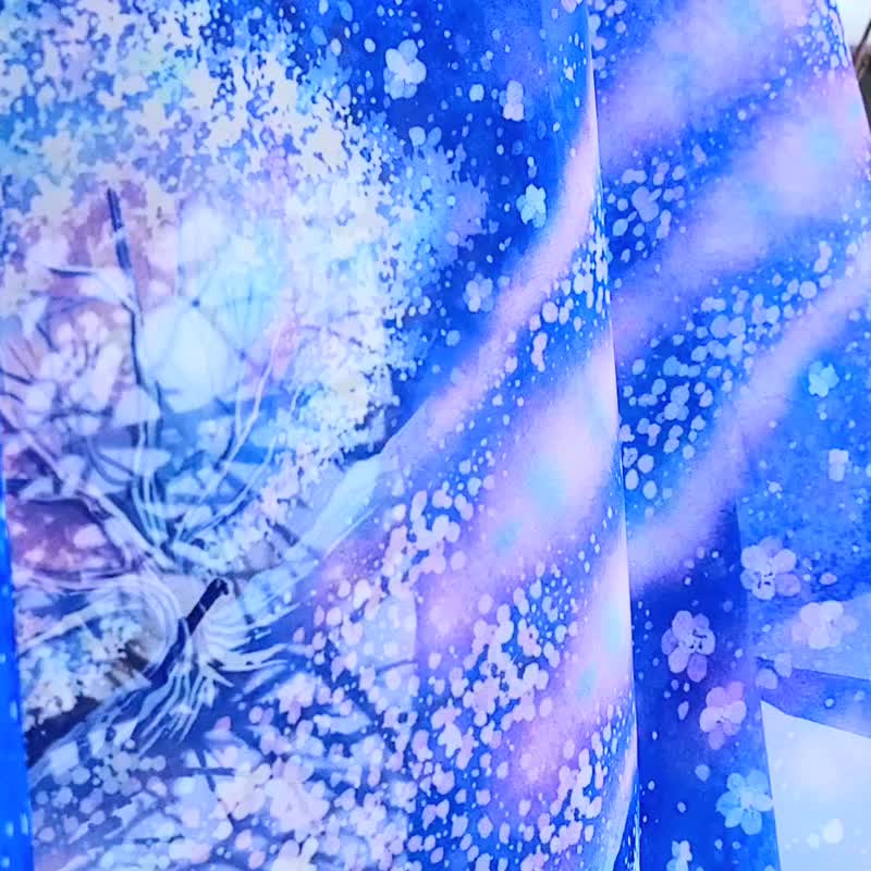 二週間【Snow colored flowers】水彩画　シフォンストール　アートスカーフ　藍　ショール　男性への贈り物　誕生日プレゼント　母の日　クリスマス - 絲巾 - 聚酯纖維 藍色