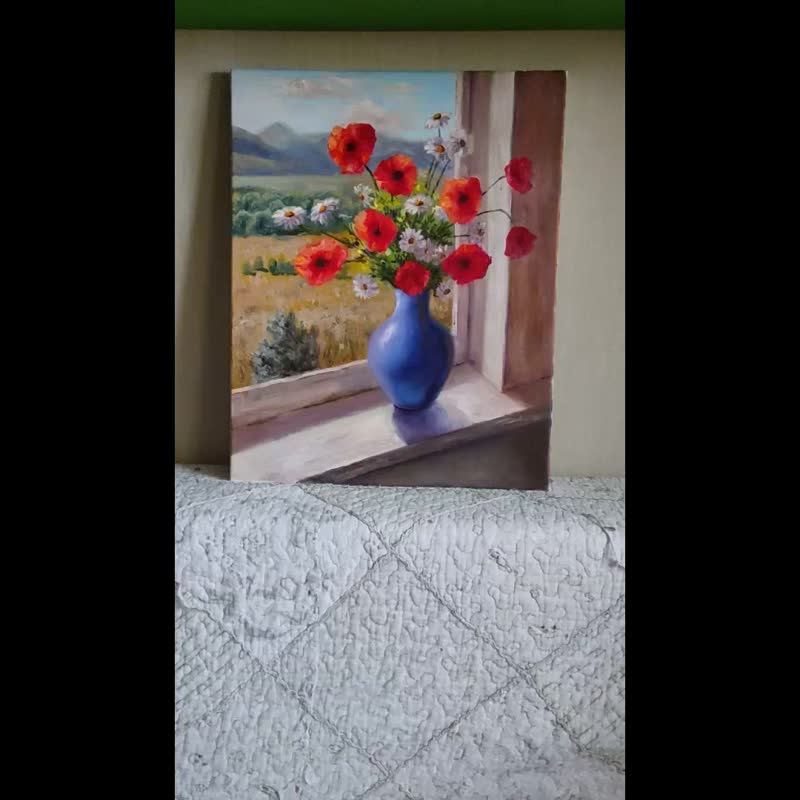 Canvas Painting Flowers Bouquet of poppies and daisy  Original Floral Still life - 海報/掛畫/掛布 - 其他材質 紅色