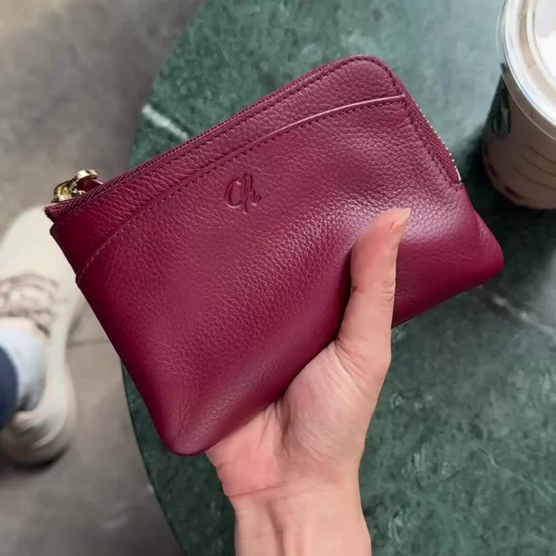 LoLa (Burgundy): Short zip wallet, Short wallet, cow leather, Dark red - กระเป๋าสตางค์ - หนังแท้ สีดำ