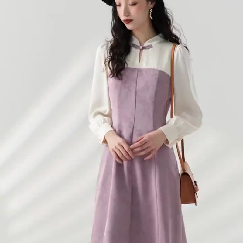 New Autumn Product [Ice Tears Zimo] Improved Chinese Cheongsam Chinese Style Purple Long Sleeve Satin Dress - ชุดเดรส - วัสดุอื่นๆ 