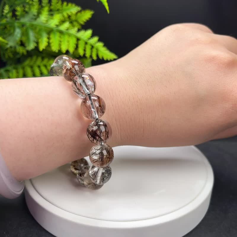 高品質天然黑金超七手串男女冰透幹淨金閃發絲水晶手鏈簡約13.5mm - 手鍊/手環 - 水晶 