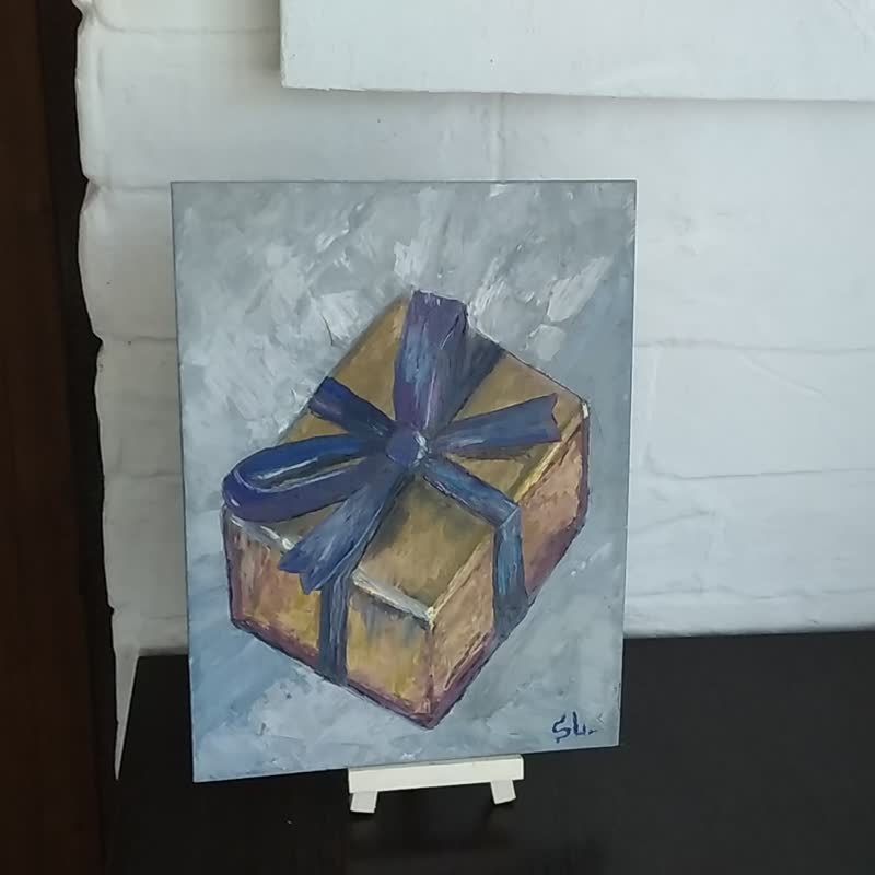 gift box original art surprise in the box hand painted oil painting wall art bow - Posters - Other Materials Multicolor