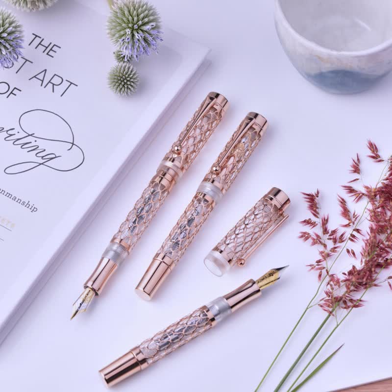 【Pen】Flora | Rose Gold Shaped Geometric Slim Transparent Boutique Writing Stationery - ปากกาหมึกซึม - โลหะ สีทอง