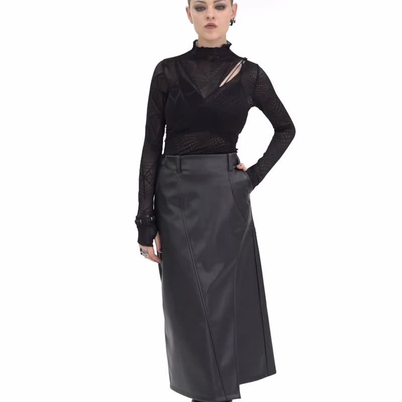Punk Witch High Waist Split Slit Leather Skirt / Warm Plus Fleece /*Add Larger Size* - กระโปรง - วัสดุอื่นๆ สีดำ