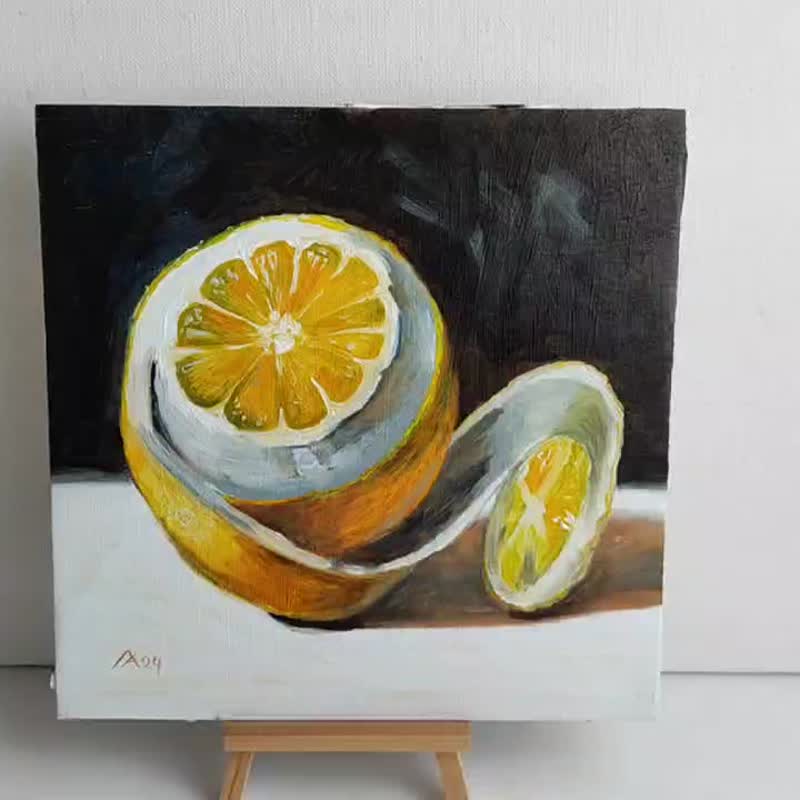 レモンの絵 オリジナル オイル アート 静物画 20 x 20 cm