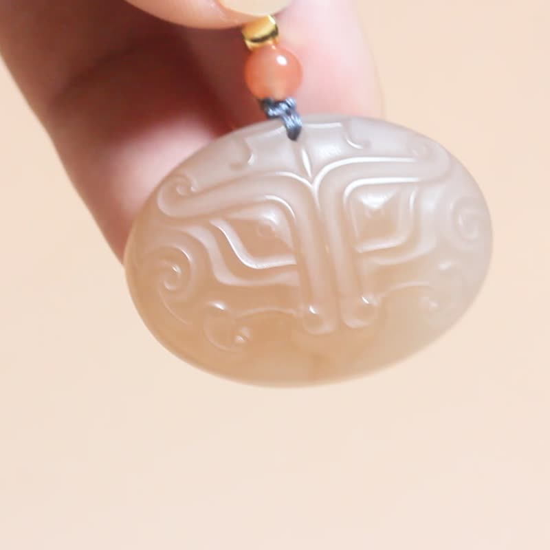 【饕餮紋】項鏈吊墜掛件 天然三彩玉 煙粉色復古文藝 - 項鍊 - 玉石 粉紅色
