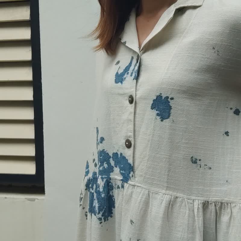 Beige Cloud Dress - 紮染棉質夏威夷領連身裙 - 連身裙 - 棉．麻 白色