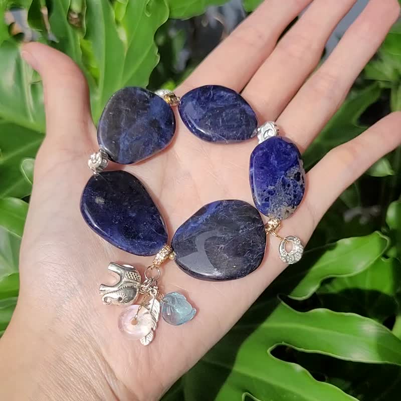 藍紋石片 海藍寶桃 藍月光 古錢 招財 成功 如意 手鍊 單品 禮物 - 手鍊/手環 - 寶石 藍色