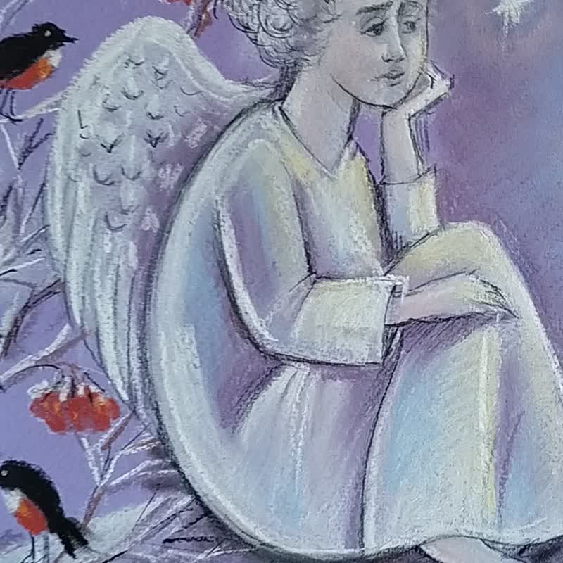 天使の冬の絵 新年のパステル画 クリスマスの絵画 鳥 冬のアート