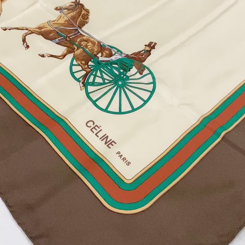 Vintage CELINE Horse Carriage Equestrian Motif Beige Brown Square Silk Scarf - 絲巾 - 絲．絹 咖啡色