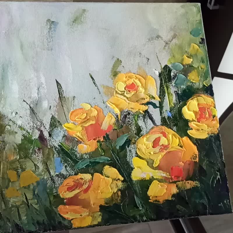 Yellow Roses Painting Flower Original Art Iris Oil Painting on Canvas 30x30cm - Posters - Other Materials Yellow