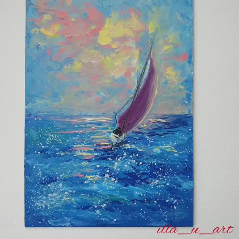 ヨットの絵画海景オリジナルアートサンセットウォールアート小さな油絵