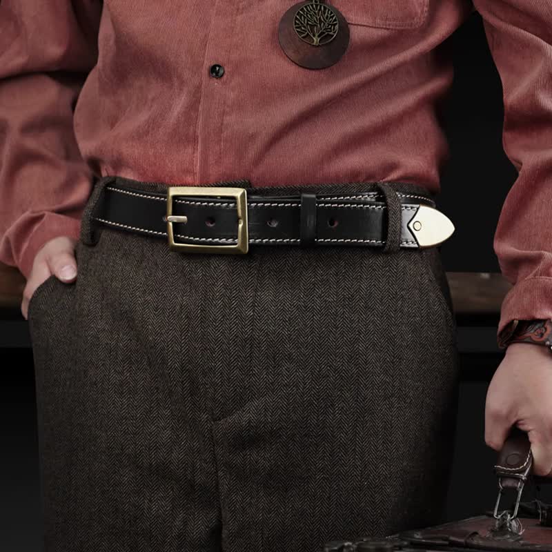 Vintage Genuine Leather Men's Belt Handmade Cowhide Pin Buckle Belts For Cowboy - เข็มขัด - หนังแท้ สีดำ