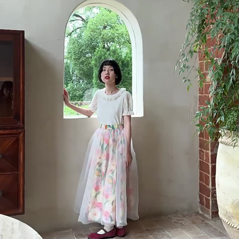 油畫花園小白衫 日系刺綉花邊圓領短袖襯衫上衣 - 女襯衫 - 棉．麻 白色