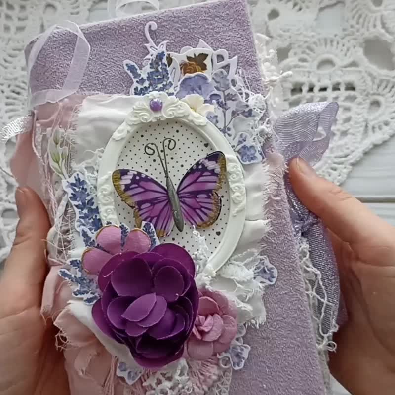 Lavender junk journal handmade Purple flower lilac notebook Tuscany - สมุดบันทึก/สมุดปฏิทิน - กระดาษ สีม่วง